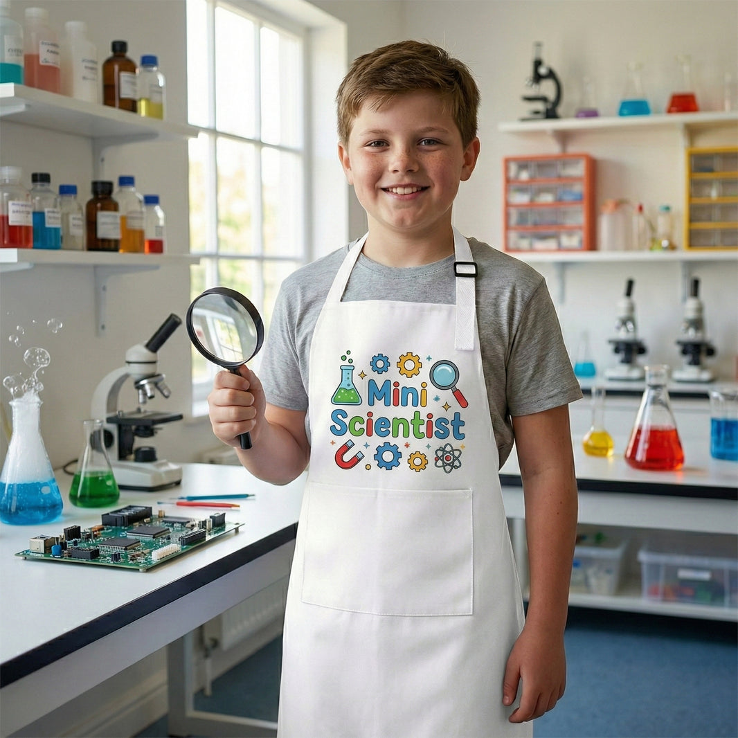Flat lay of personalised kids apron next to baking supplies