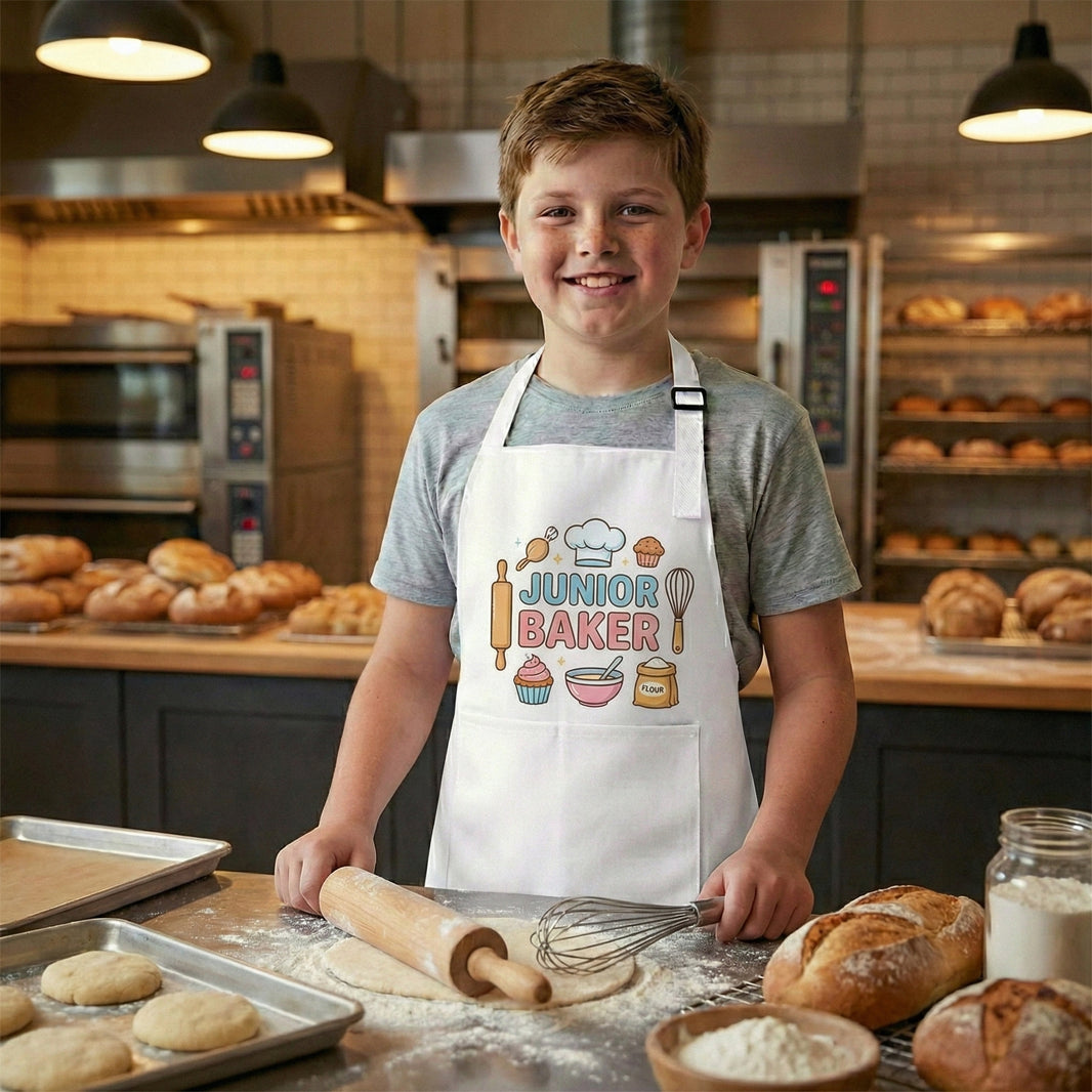 Child wearing personalised apron while baking in a kitchen setting