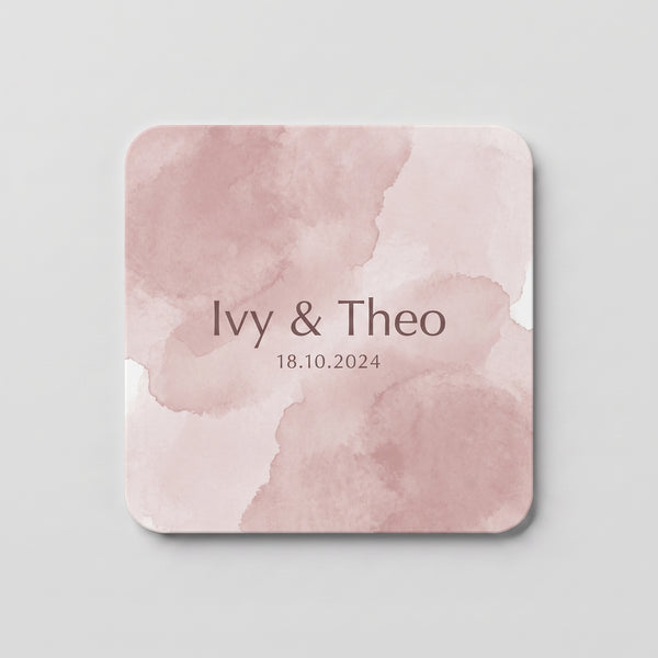 Personalised wooden coaster printed with custom names and a special date