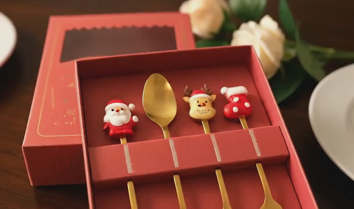 Festive Gold Christmas Cutlery Set - Spoons & Forks | Santa & Reindeer Coffee Cutlery | 4-Piece Gift Set
