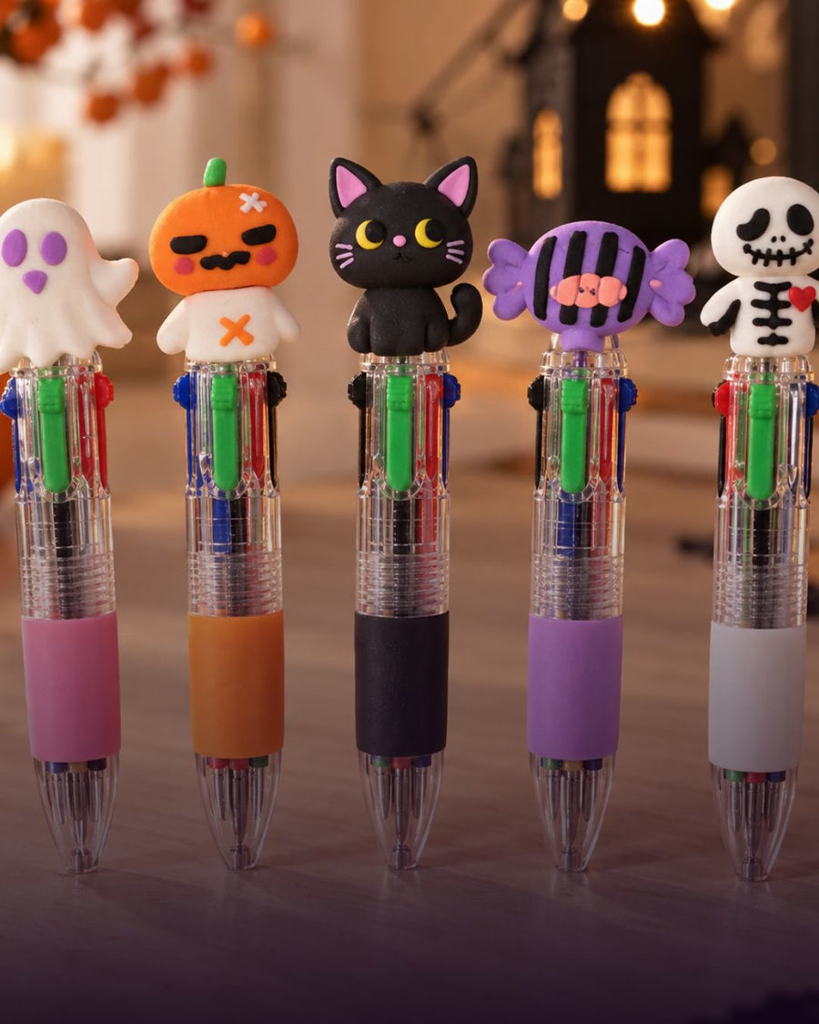 Halloween pen set of 5 video showing the four-colour retractable ballpoint pens and their ghost, pumpkin, bat and skeleton character toppers