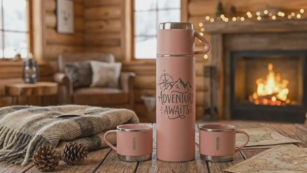 Personalised Insulated Pink Flask Set with 3 Cups | 500ml Custom Travel Bottle | Photo & Text Vacuum Flask