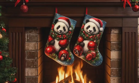 Panda Christmas Stocking Set of 2 | Festive Animal Holiday Decor for Kids | Large 37cm Felt Stockings