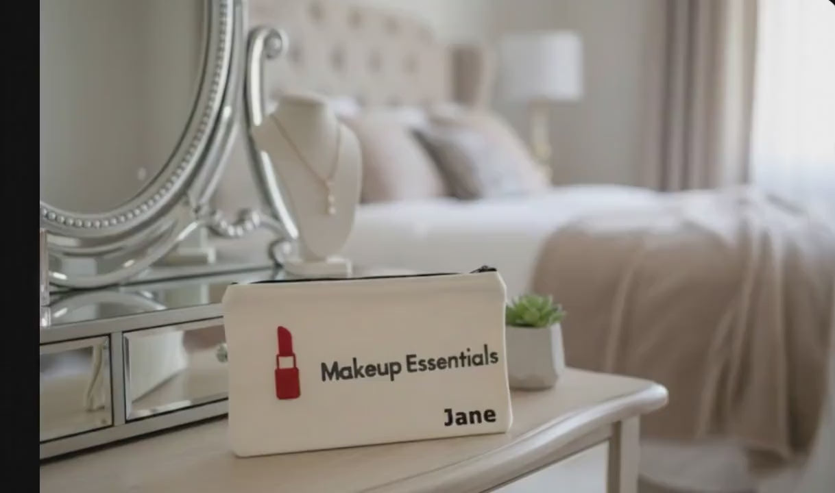 Personalised Makeup Bag with 3D Puff Print Icon | Custom Name Cosmetic Pouch | Bridesmaid Proposal & Teacher Gift