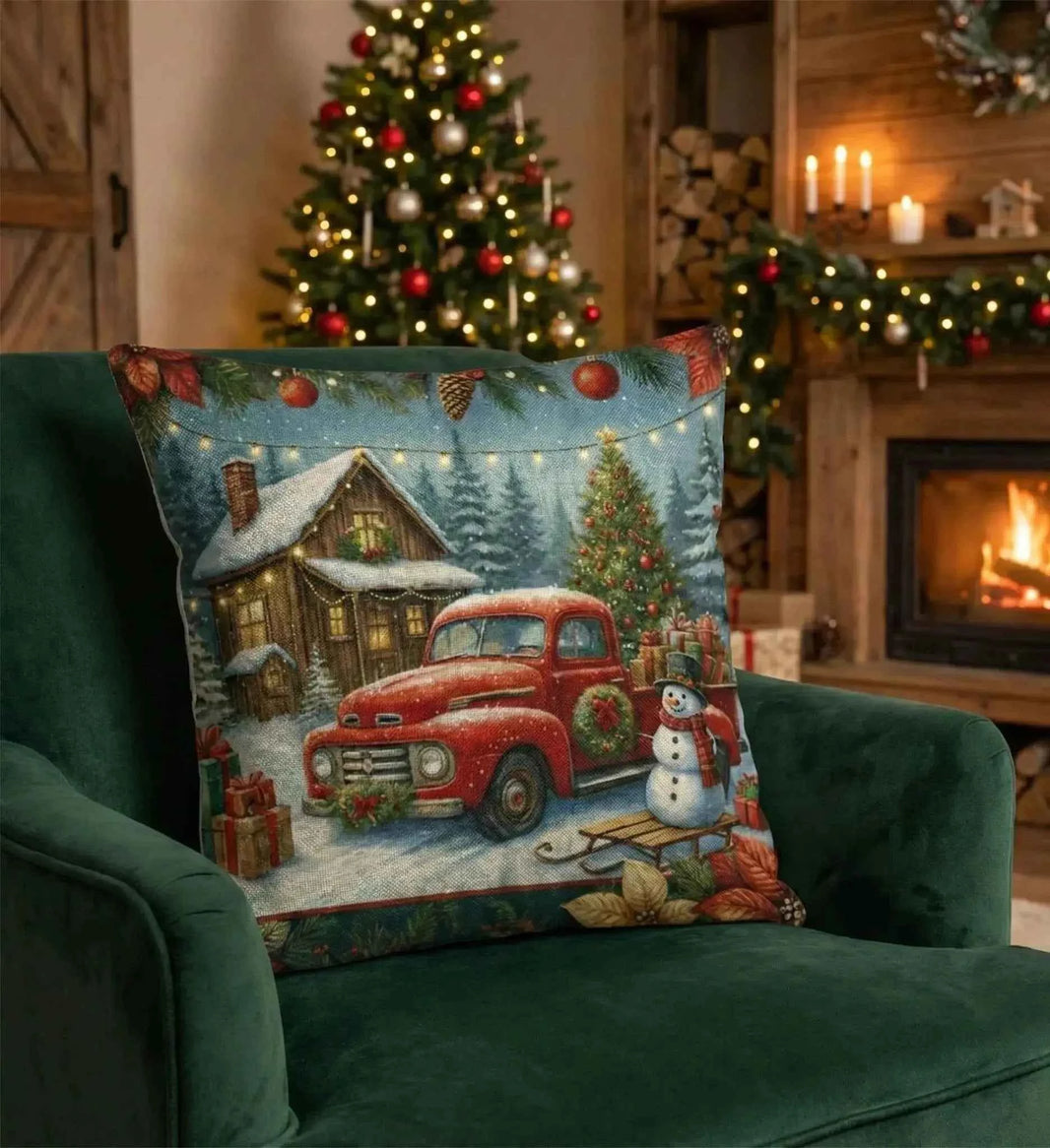 Red Truck & Golden Retriever Christmas Cushion Covers Set of 4 | 14x14 Farmhouse Decor