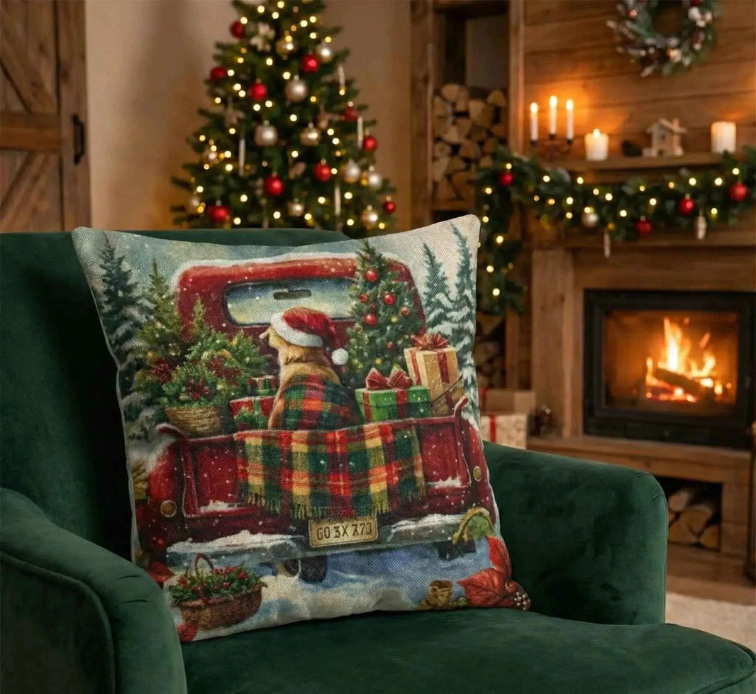 Red Truck & Golden Retriever Christmas Cushion Covers Set of 4 | 14x14 Farmhouse Decor