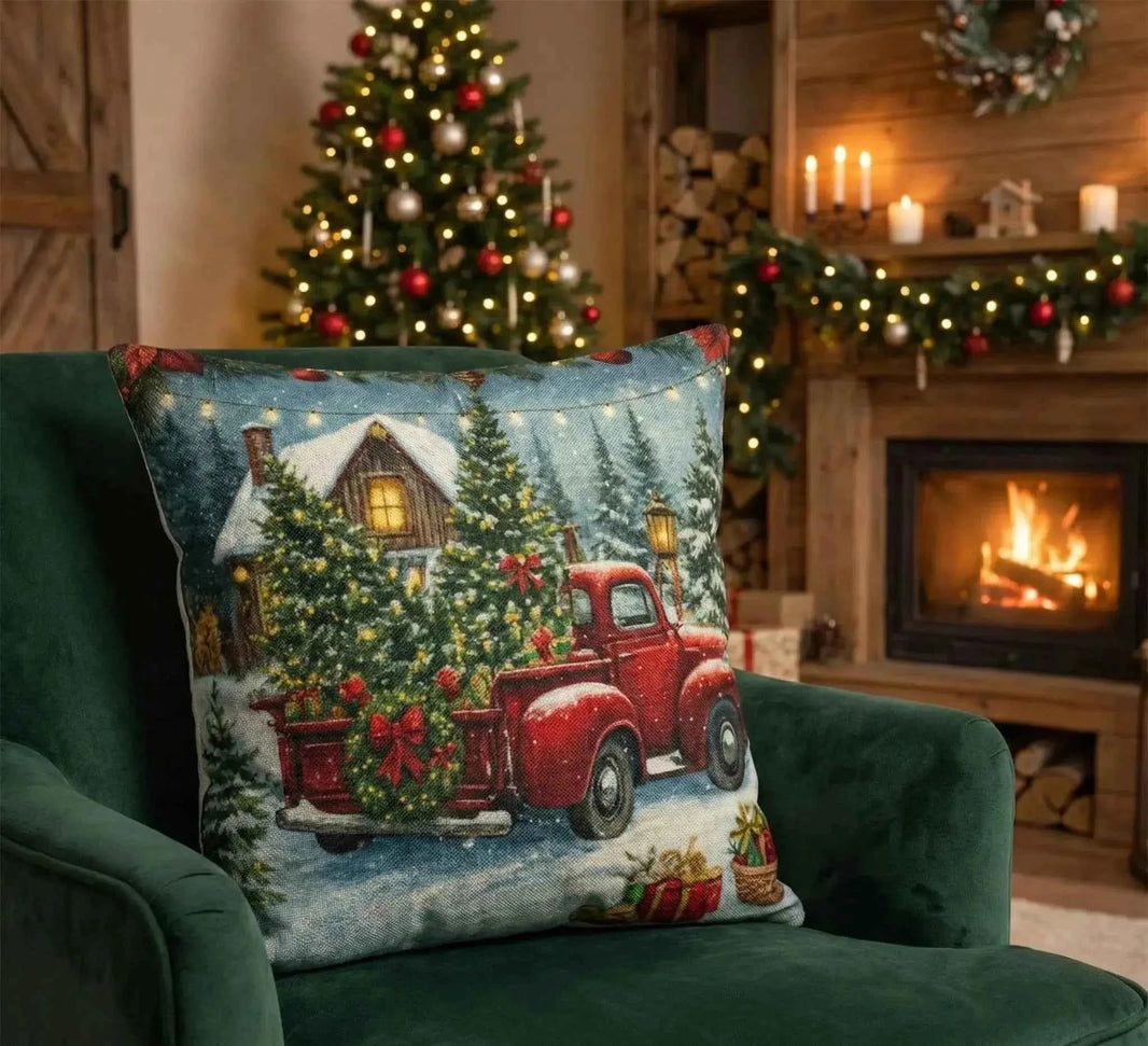 Red Truck & Golden Retriever Christmas Cushion Covers Set of 4 | 14x14 Farmhouse Decor