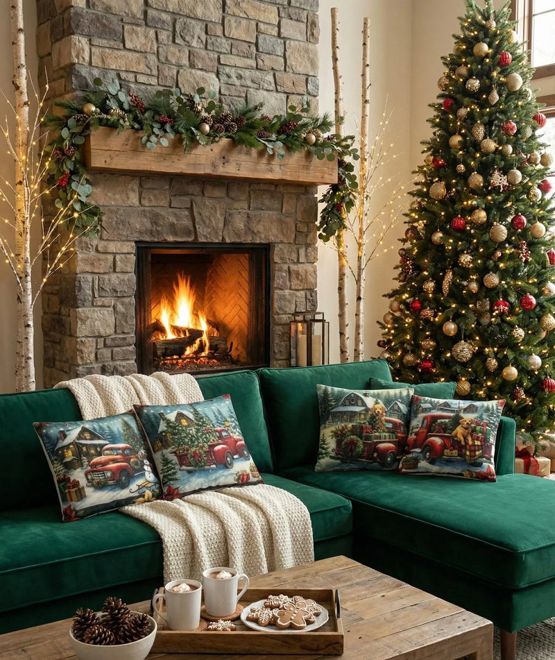 Golden Retriever  Farmhouse Winter themed Red Truck Christmas Pillow Covers