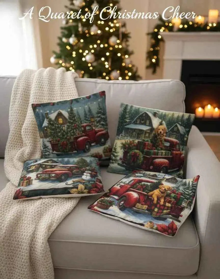 Red Truck & Golden Retriever Christmas Cushion Covers Set of 4 | 14x14 Farmhouse Decor