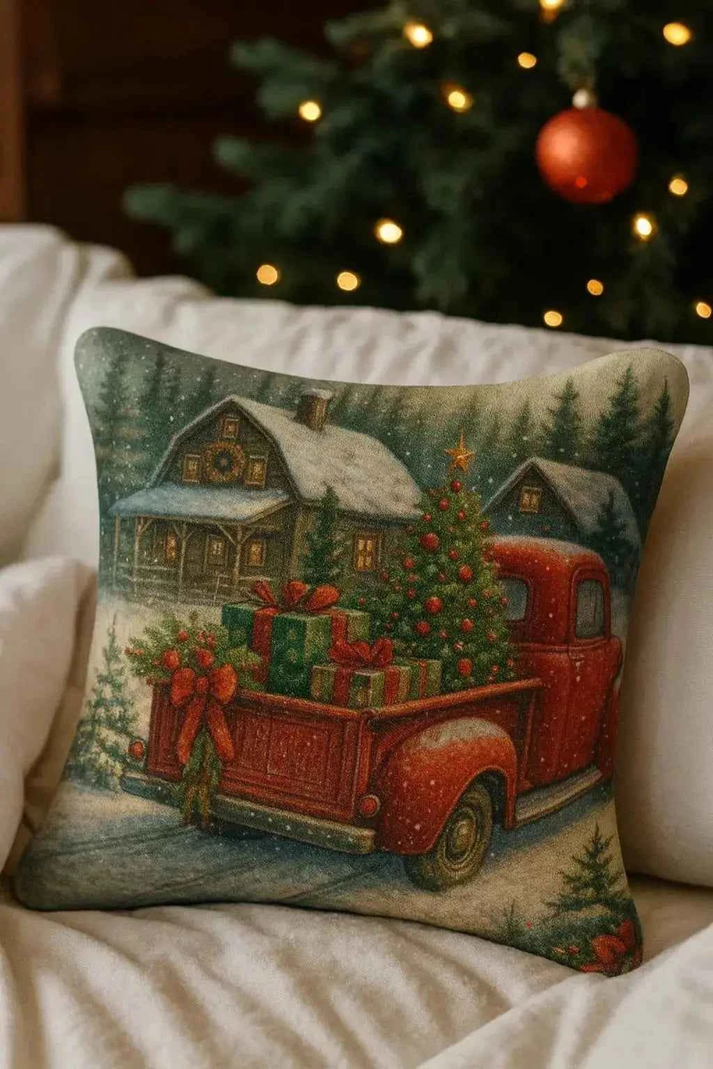 Red Truck & Golden Retriever Christmas Cushion Covers Set of 4 | 14x14 Farmhouse Decor