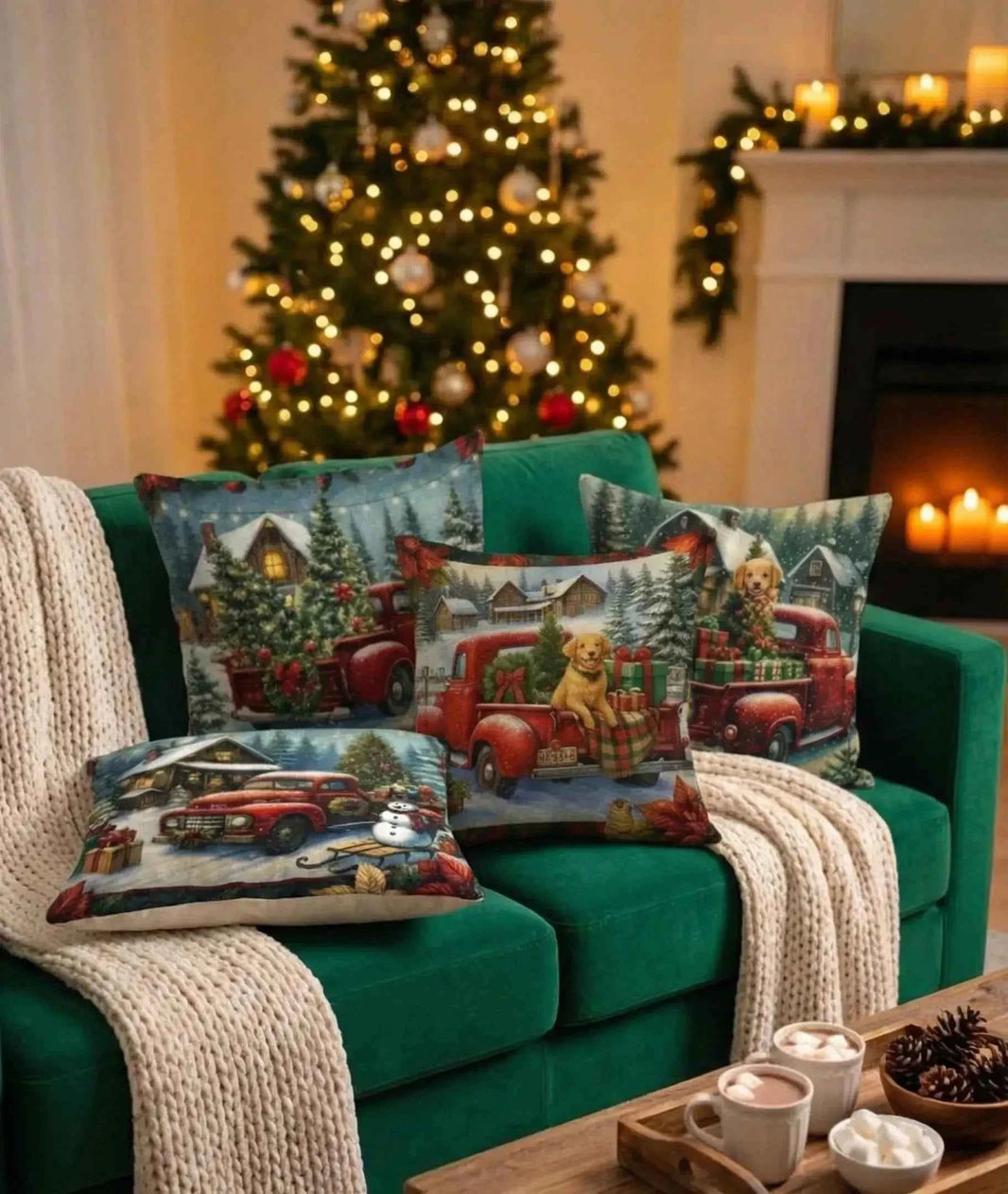 Red Truck & Golden Retriever Christmas Cushion Covers Set of 4 | 14x14 Farmhouse Decor