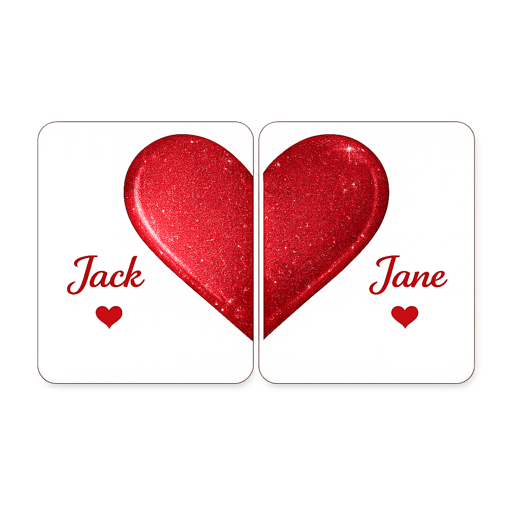 Romantic split heart coaster set with Jack and Jane names and red glitter heart design