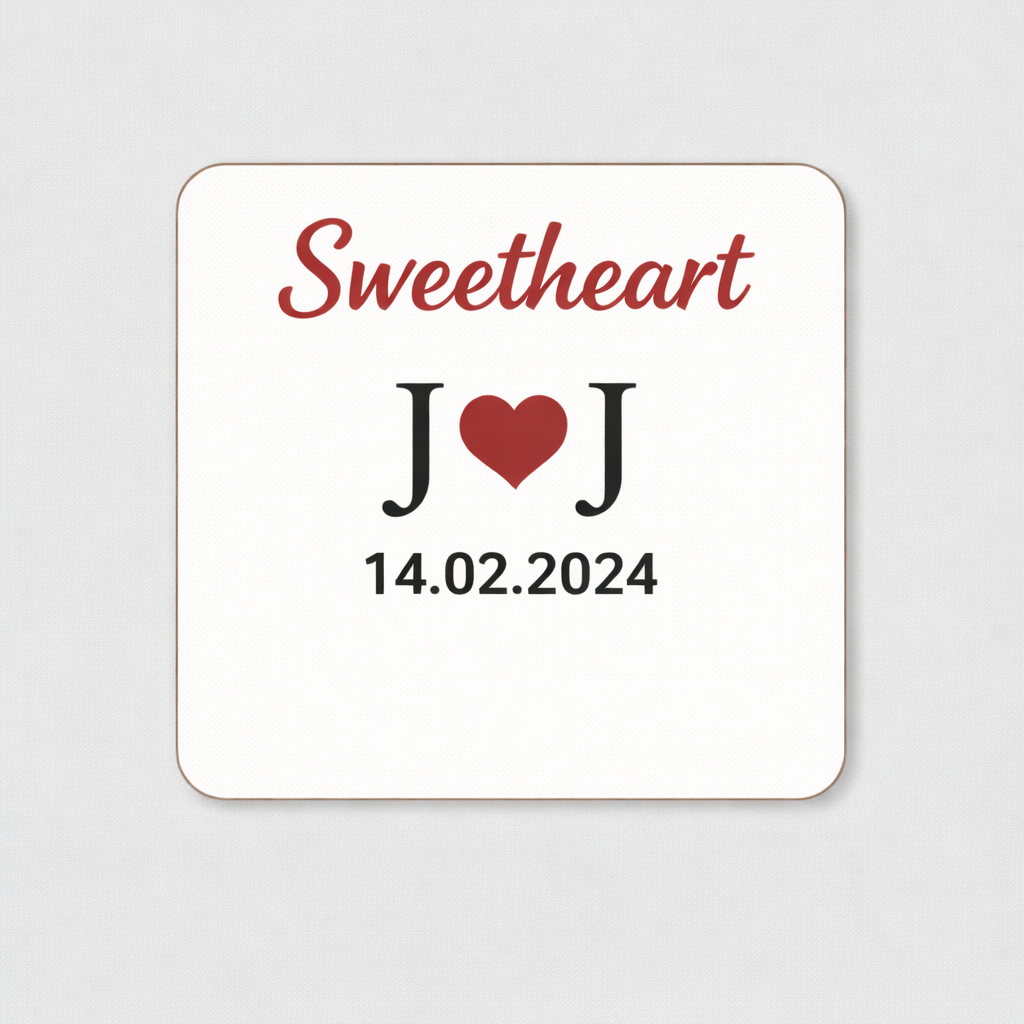 Minimalist Valentine's Day coaster with Sweetheart text and custom date 14.02.2024