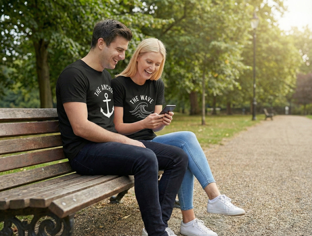 The Anchor & The Wave Matching Couple T-Shirts | Nautical Cotton Set - Laren Craft