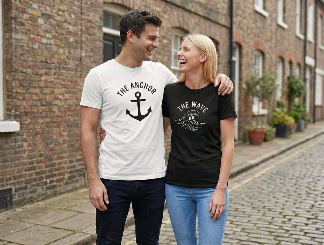 The Anchor & The Wave Matching Couple T-Shirts | Nautical Cotton Set - Laren Craft