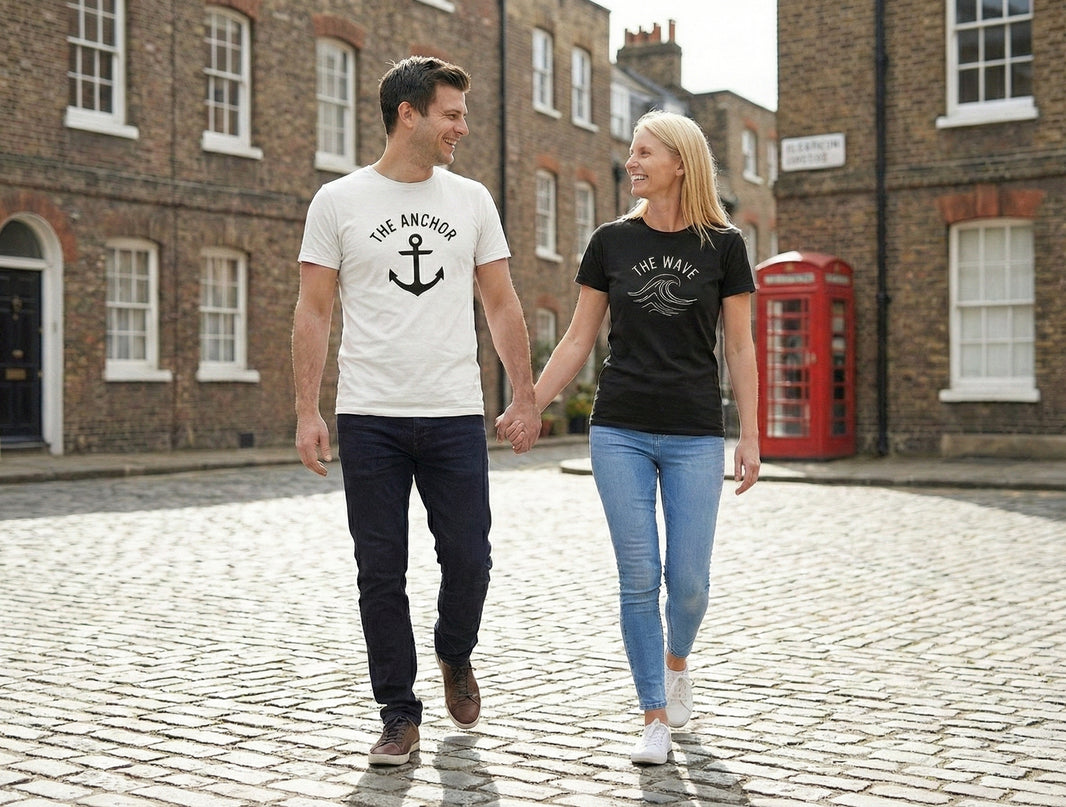 The Anchor & The Wave Matching Couple T-Shirts | Nautical Cotton Set - Laren Craft