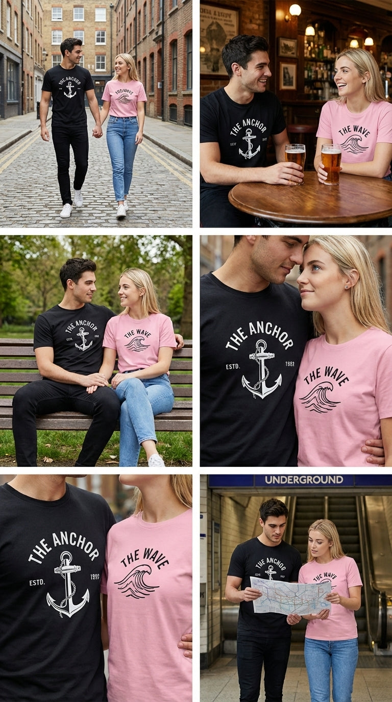 The Anchor & The Wave Matching Couple T-Shirts | Nautical Cotton Set - Laren Craft