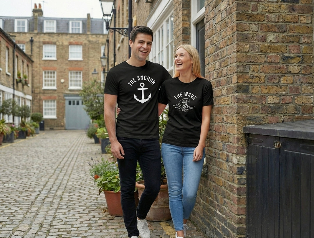 The Anchor & The Wave Matching Couple T-Shirts | Nautical Cotton Set - Laren Craft