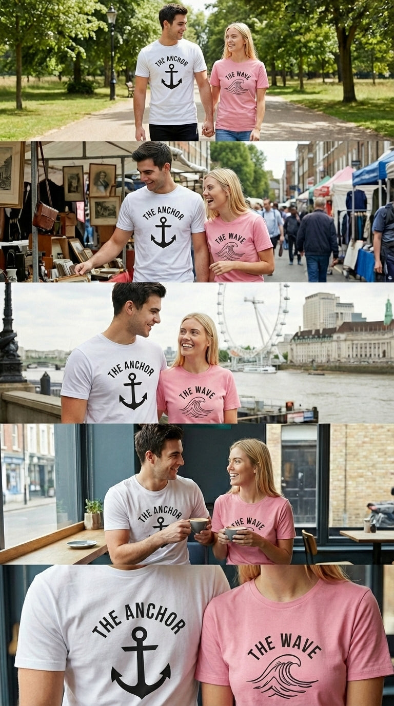 The Anchor & The Wave Matching Couple T-Shirts | Nautical Cotton Set - Laren Craft