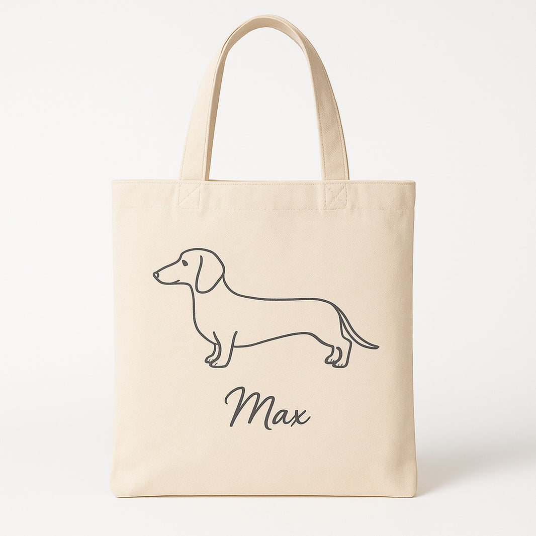 Personalised pet portrait tote bag UK - beige cotton canvas bag with custom dachshund line art and the name Max