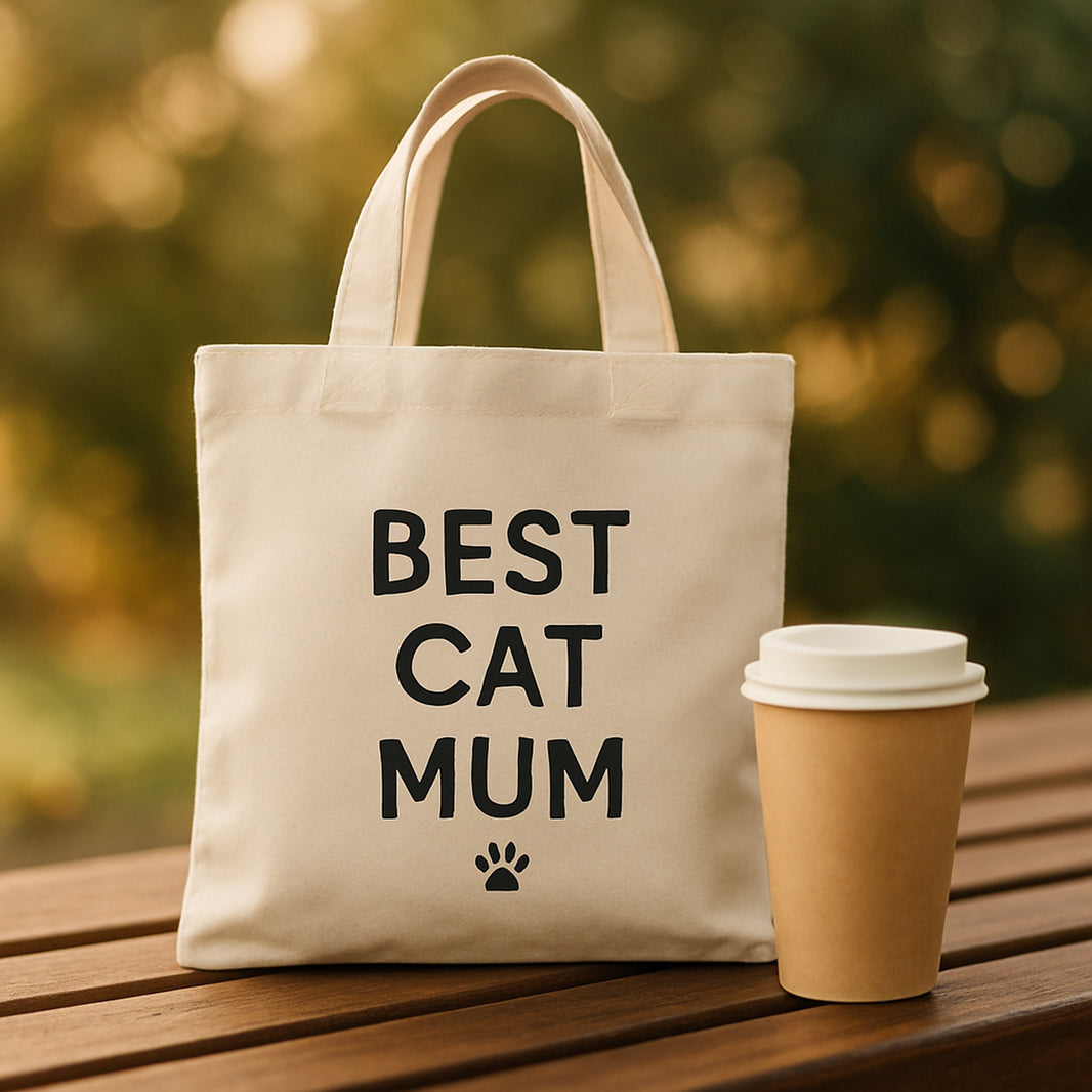Beige canvas tote bag with Best Cat Mum quote print on a wooden bench with coffee