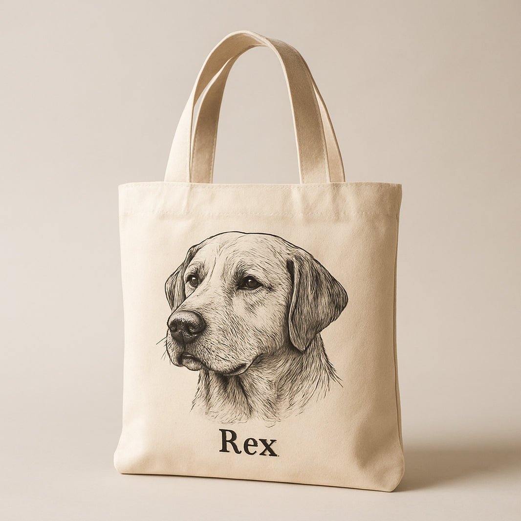 Custom Labrador portrait tote bag with the name Rex printed on beige cotton canvas