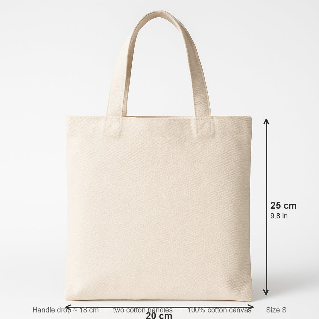 Size guide - personalised tote bag 20cm wide by 25cm tall with 18cm handle drop, 100 percent cotton canvas
