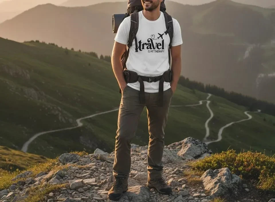 Zoomed in view of Travel Is My Therapy Shirt Men's Wanderlust Tee Airplane Gift