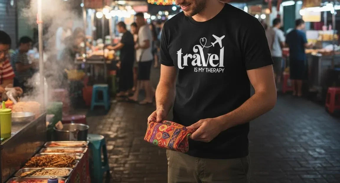 Man holding a colorful bag in a bustling night market with 'travel is my therapy' t-shirt.