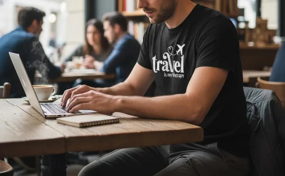 Close up detail of Custom Design on Travel Is My Therapy Shirt Men's Wanderlust Tee Airplane Gift