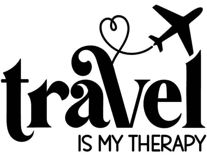 Black text 'Travel is my Therapy' with an airplane icon on a white background
