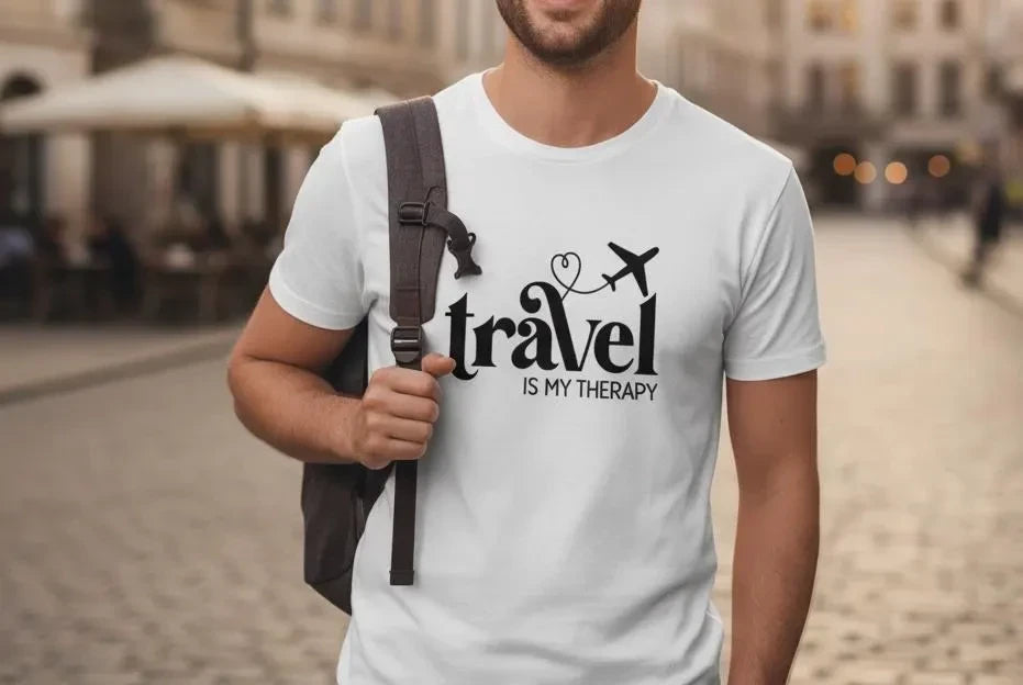 Custom Design themed Travel Is My Therapy Shirt Men's Wanderlust Tee Airplane Gift