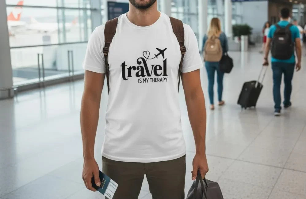 Man wearing a t-shirt with 'Travel is my Therapy' at an airport.