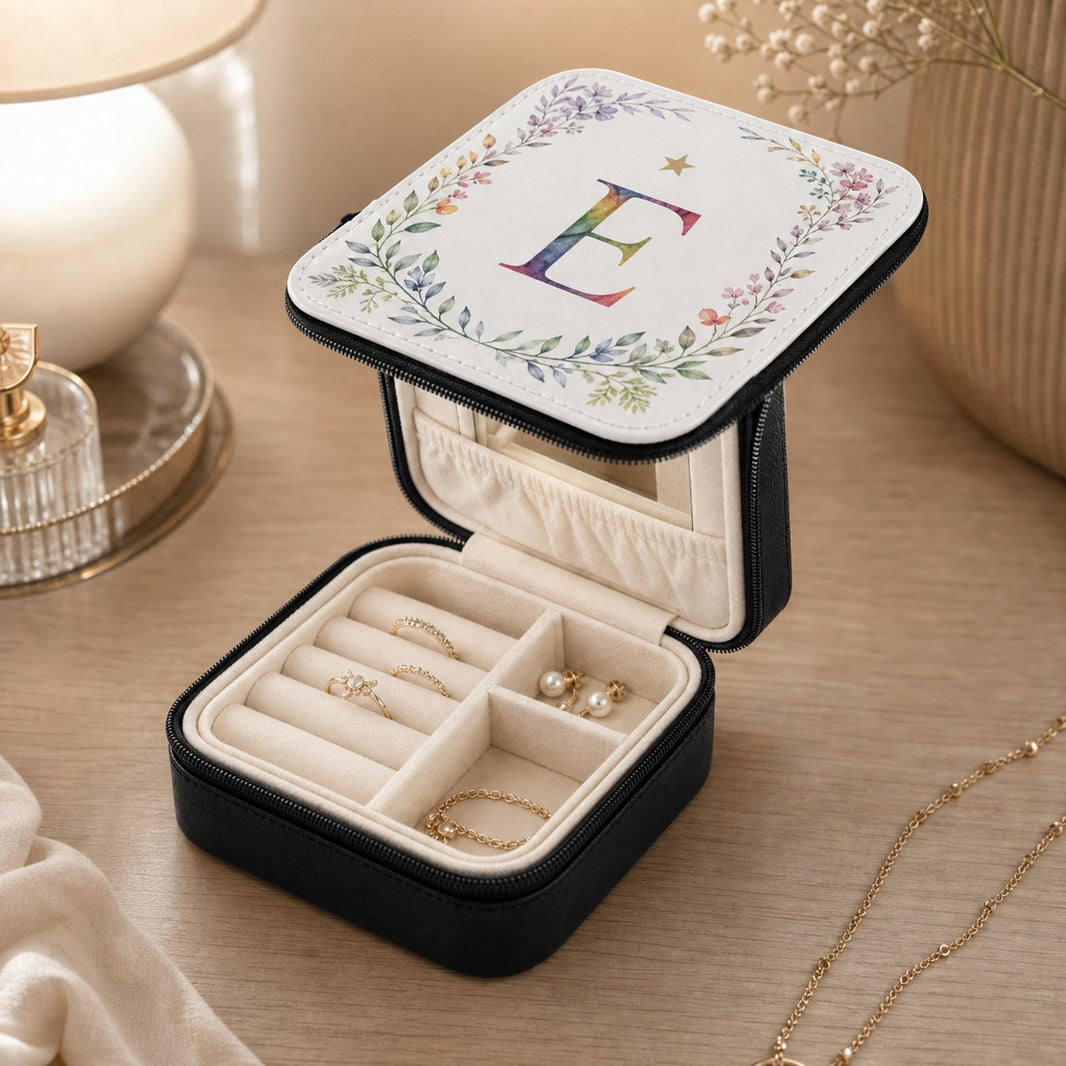 Open travel jewellery box showing cream interior with ring rollers, compartments and earring storage