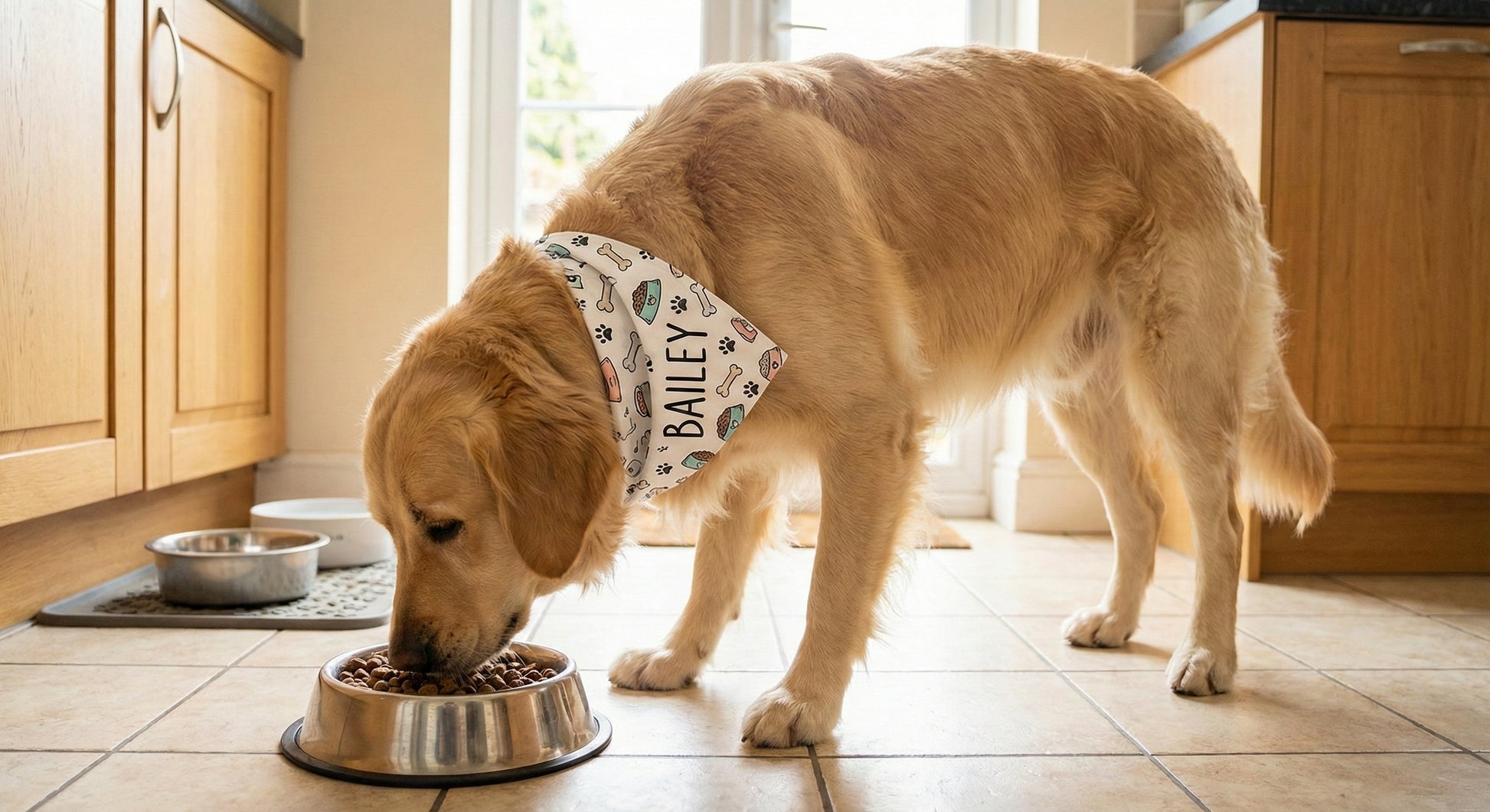 Dog eating from a bowl in a kitchen with a bandana on