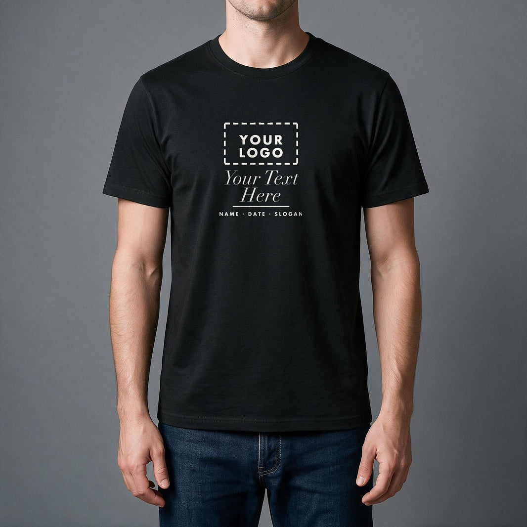 Man wearing a black personalised t-shirt with a custom logo and text printed on the chest