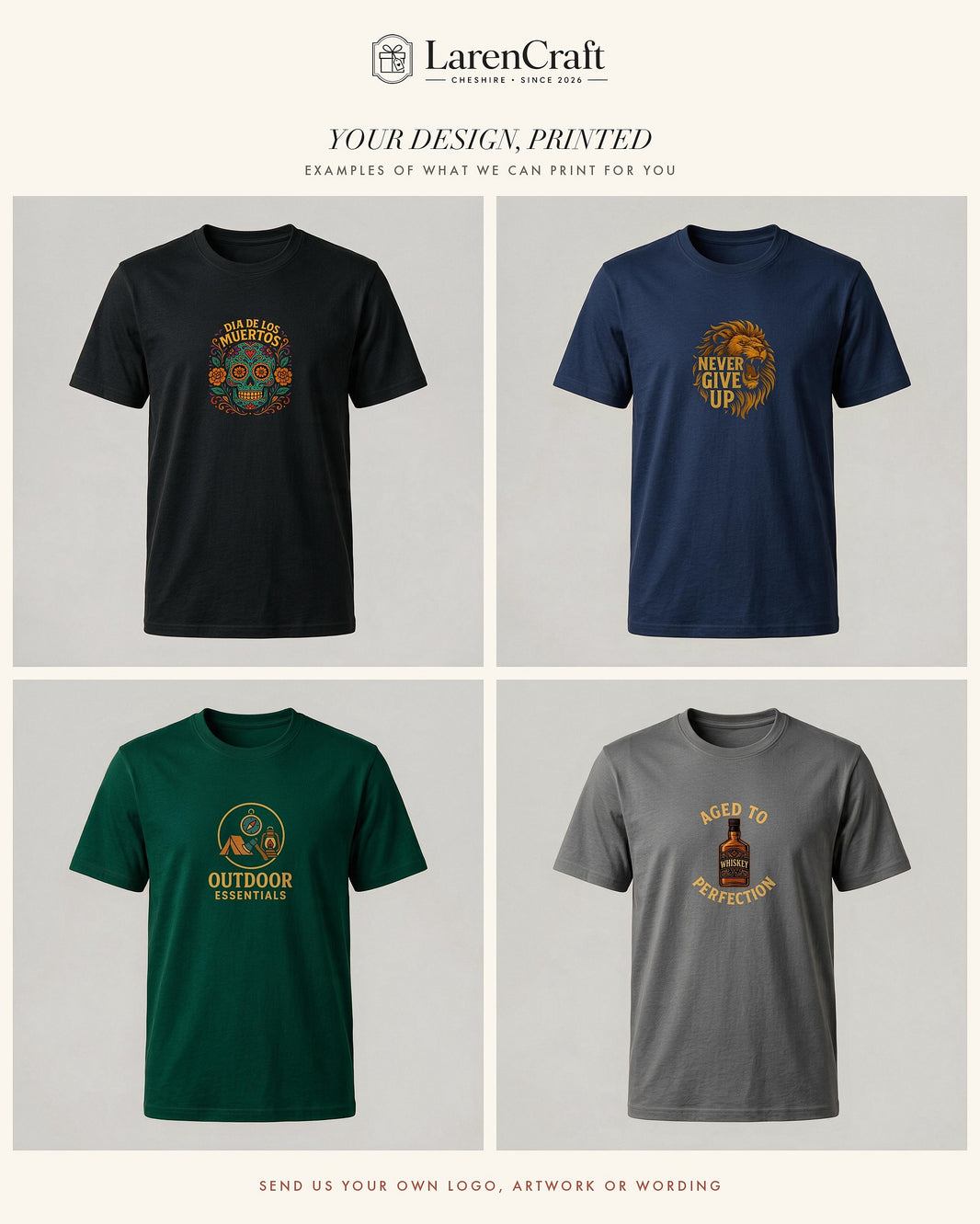 Four example personalised t-shirts showing the kind of artwork we can print for you