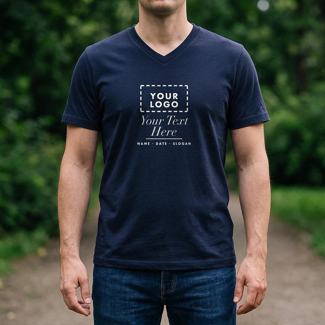 Navy V-neck personalised t-shirt worn, showing the second neckline option available