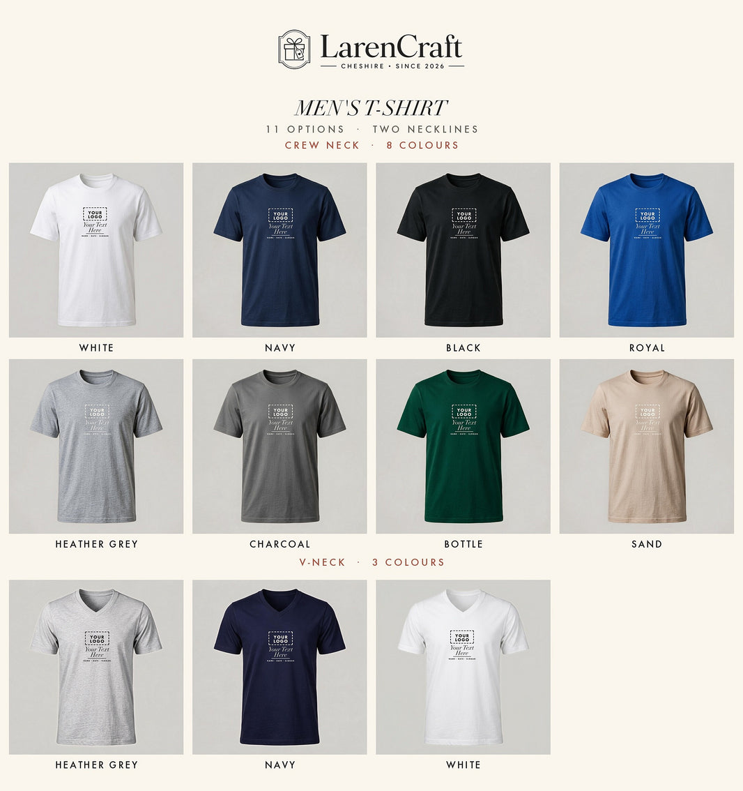 All crew neck and V-neck colour options for the personalised mens t-shirt
