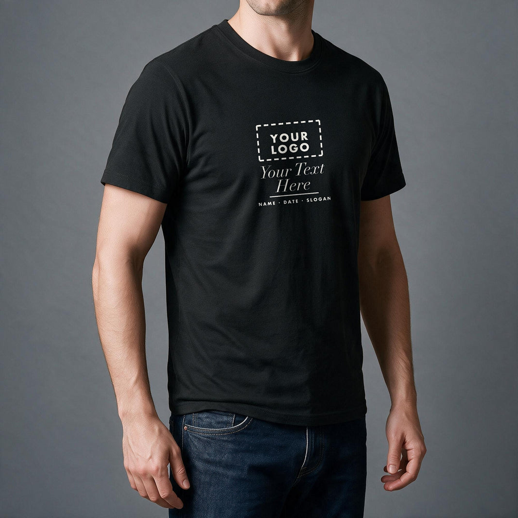 Three quarter angle view of the black personalised t-shirt showing the print on the fabric