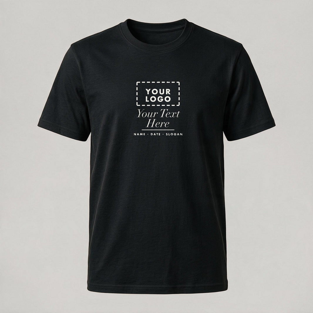 Black crew neck personalised t-shirt laid flat in the studio
