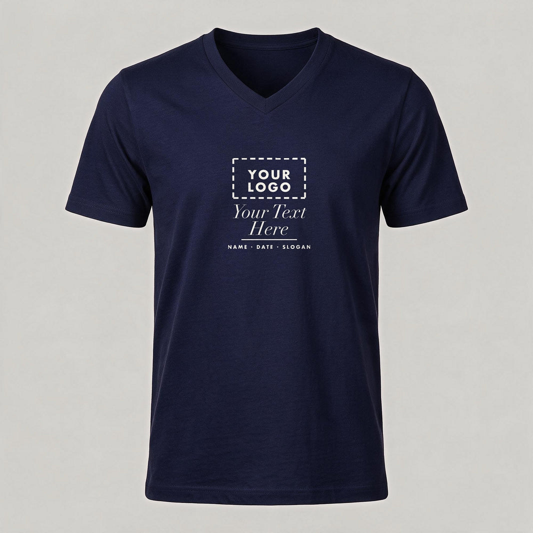 Navy V-neck personalised t-shirt laid flat showing the same chest print area