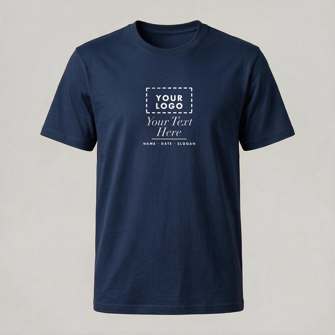 Navy crew neck personalised t-shirt with a custom logo and text printed on the chest