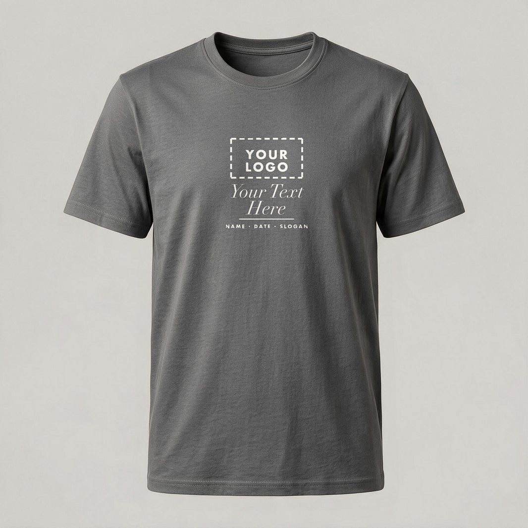 Charcoal grey crew neck personalised t-shirt with a custom chest print