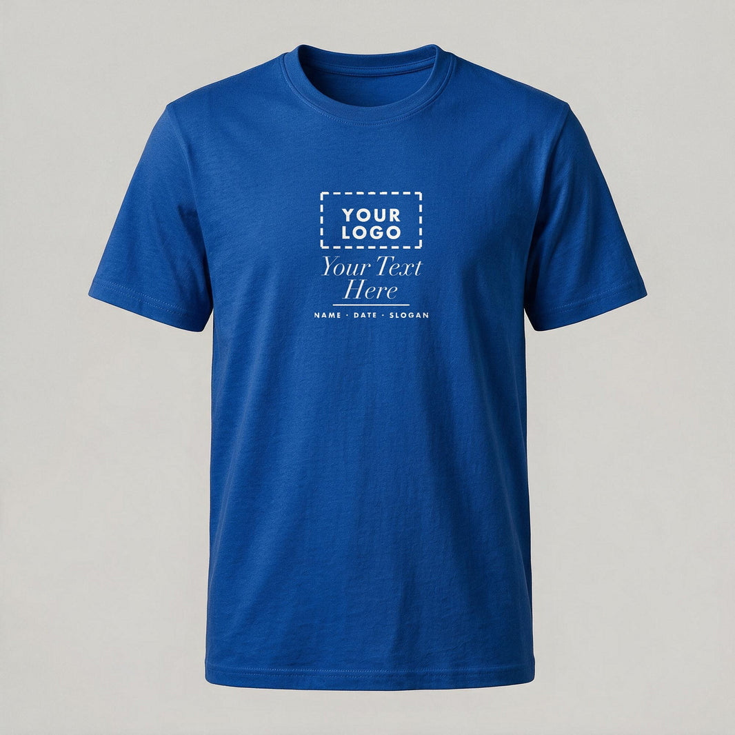 Royal blue crew neck personalised t-shirt with a custom chest print