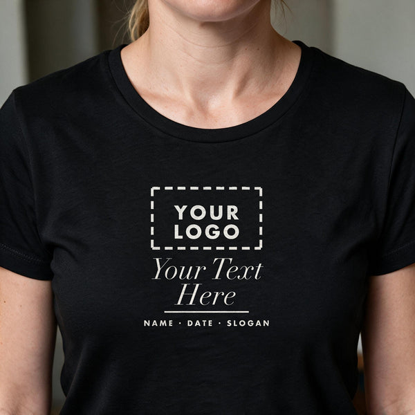 Close-up of the chest print area on a black ladies t-shirt where your own logo and text are printed