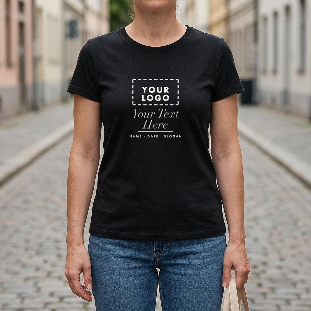Woman wearing a black personalised t-shirt with a custom logo and text printed on the chest