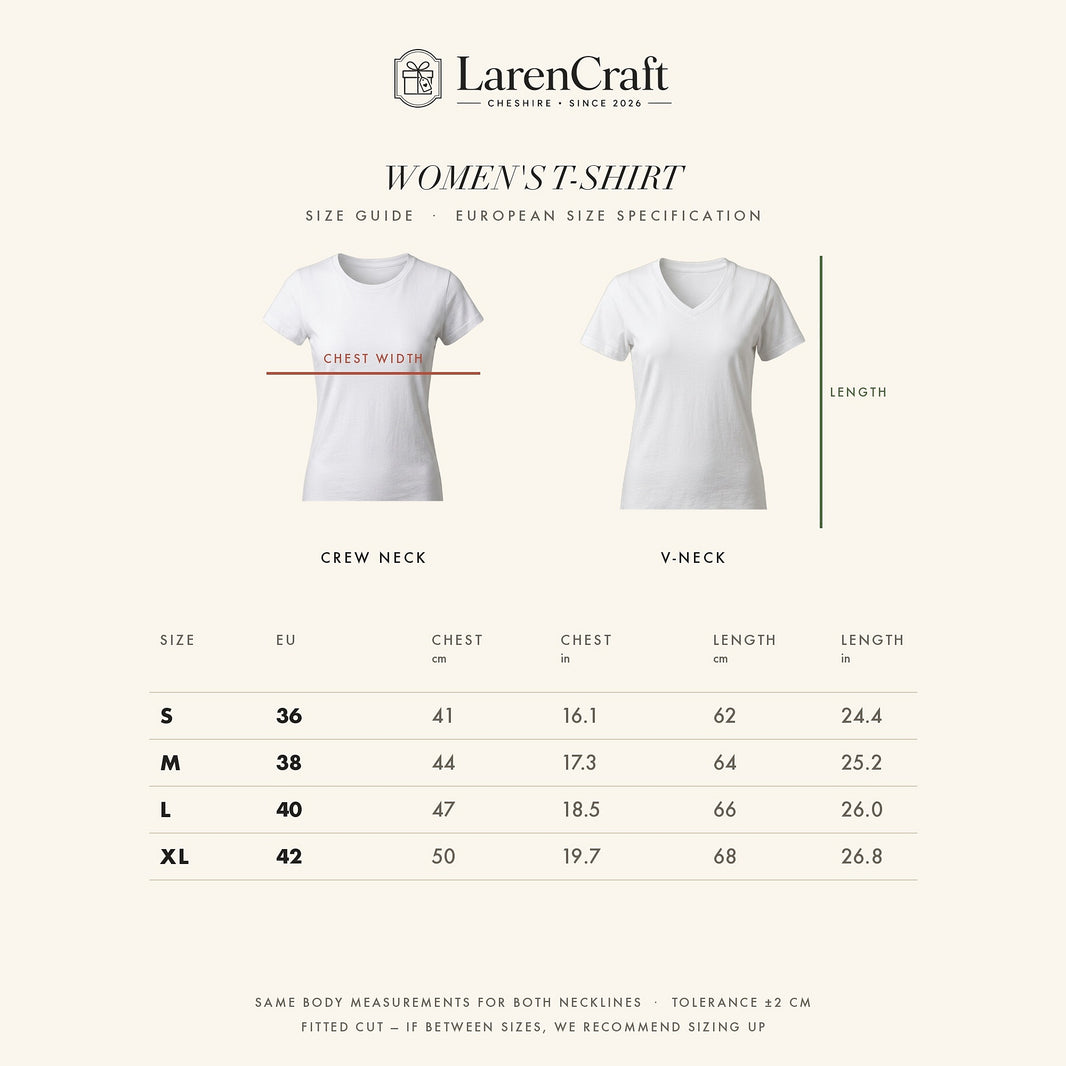 Size guide with chest and length measurements in centimetres and inches for sizes S to XL