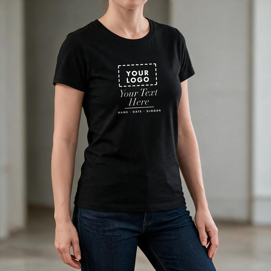 Three quarter angle view of the black personalised ladies t-shirt showing the print on the fabric