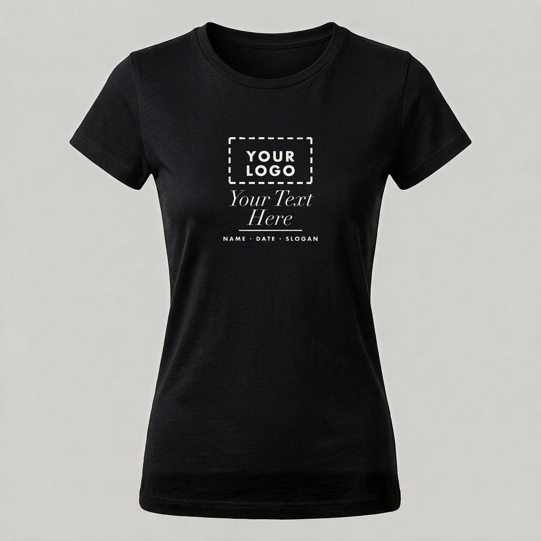 Black ladies crew neck personalised t-shirt laid flat in the studio